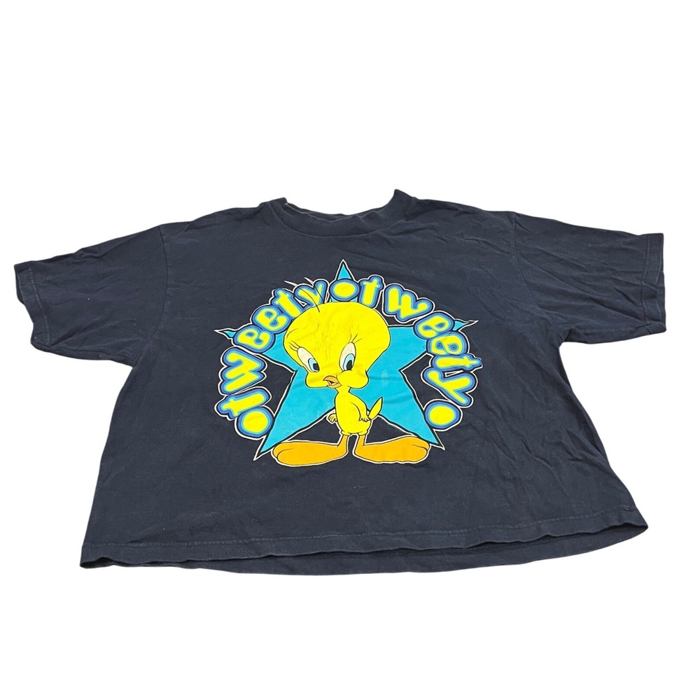 Looney Tunes Tweety Bird Crop Tee Unisex Medium Navy Blue 1997 Vintage Graphic
